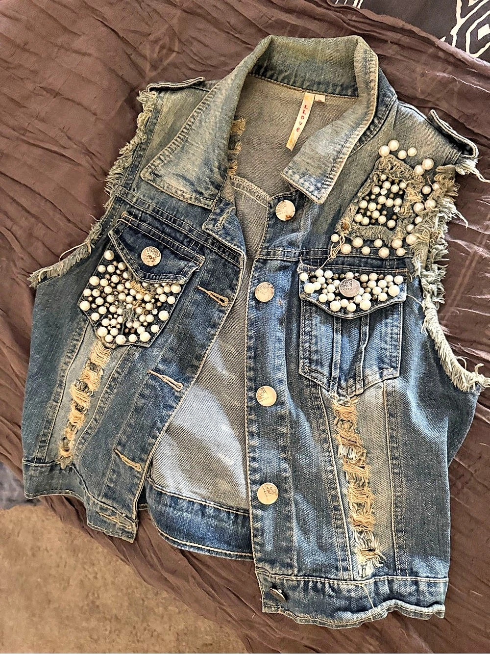Vintage Love Culture Distressed Pearl Embellished Denim Vest Blue